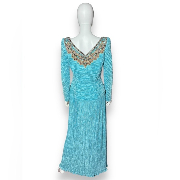 Mary McFadden Couture Long-sleeve Turquoise Pleated Accordion Gown - Picture 8 of 15